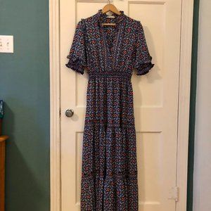 Max Studio Ruffle Collar Print Tiered Maxi Dress,